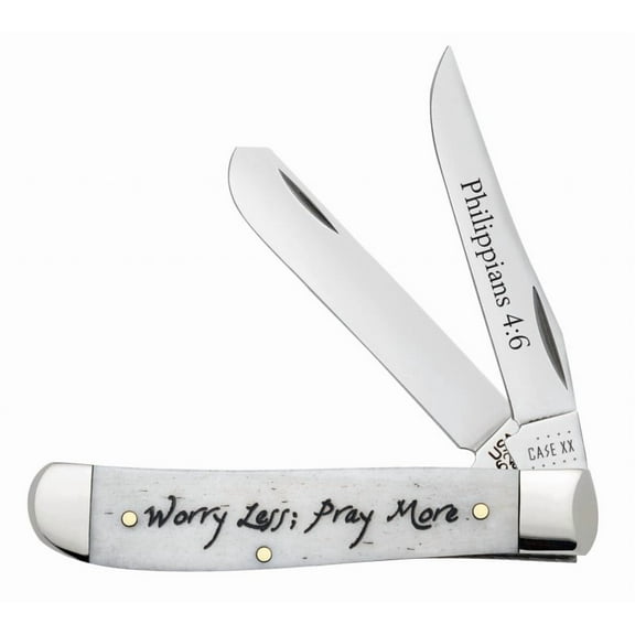 Case XX Knives Natural Bone Worry Less, Pray More Mini Trapper Stainless Pocket Knife