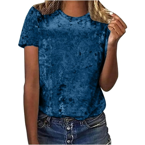 Lindreshi T Shirts for Women Clearance Women's Crew Neck Velvet Tops Short Sleeve T-Shirt Casual Fashion Blouse