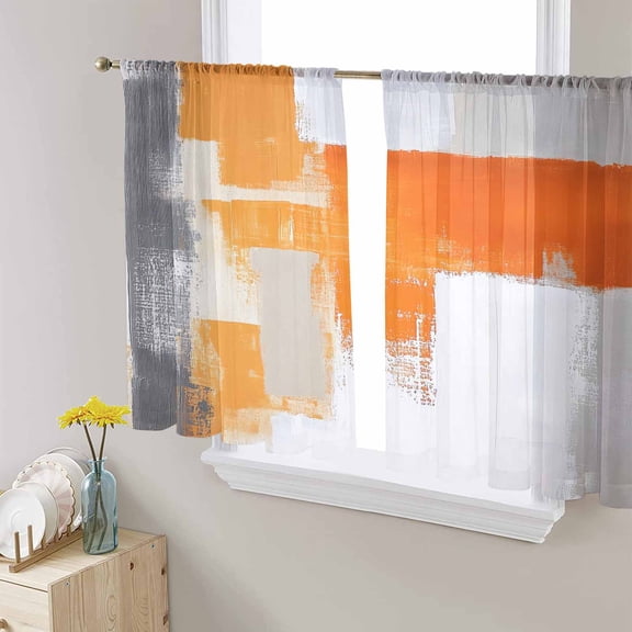 Burnt Orange Gray Sheer Curtains 54 Inch Length 2 Panels Set for Living Room/Bedroom, Modern Abstract Geometric Oil Painted Semi Curtain Sheers Drapes Rod Pocket Curtains Window Treatment 52''x54''x2