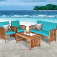 thumbnail image 3 of Costway 4PCS Patio Solid Wood Furniture Set Conversation Coffee Table Turquoise Cushion, 3 of 11