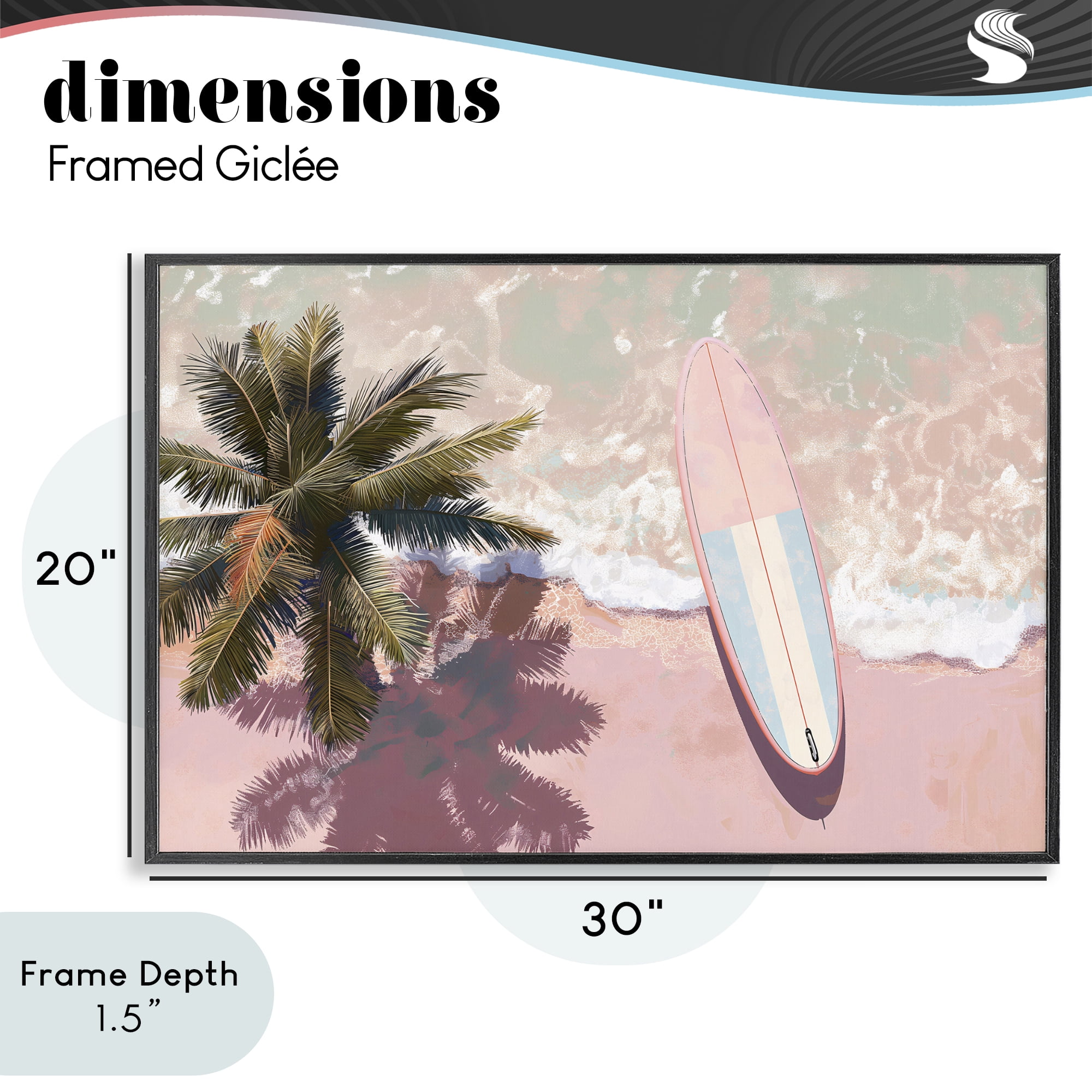 Stupell Industries Blush Pink Surfboard & Palm Black Framed Giclee Art, design by Jacky Ngan