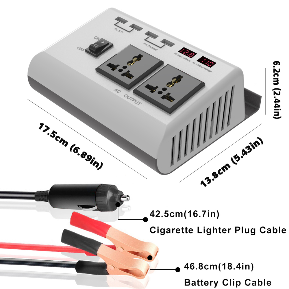 Power Inverter 300W 12V DC to 120V/110V AC with USB Charging Ports and 2 AC Outlets