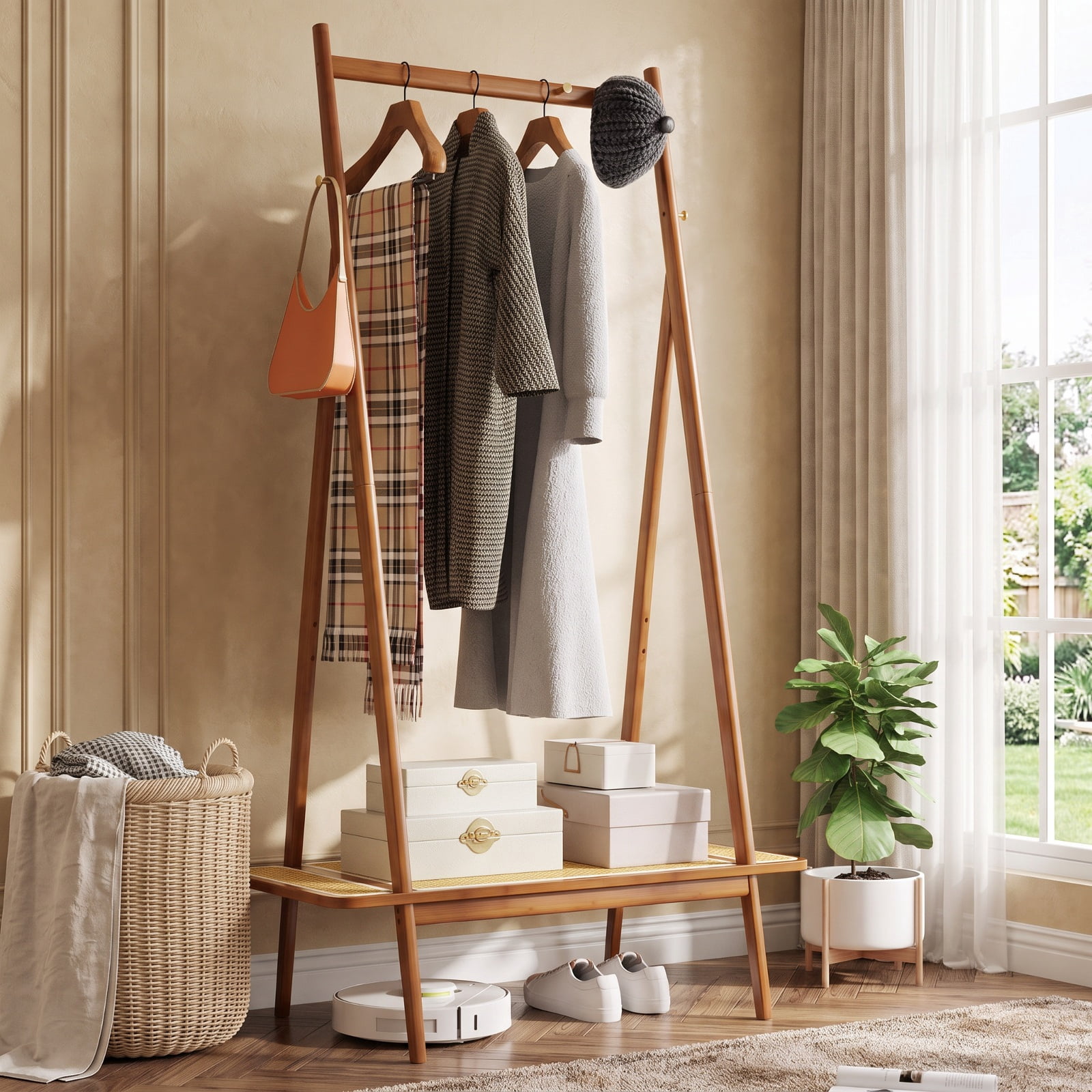 Furnibear Bamboo Clothes Rack with Hanging Rod Rattan Shelf and 5 Copper Hooks Freestanding Garment Rack for Bedroom and Entryway, Brown