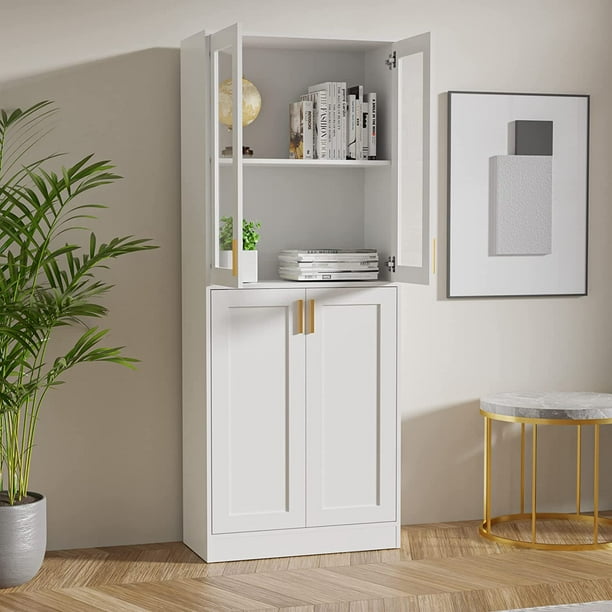 Cozy Castle 70 Tall White Display Cabinet Pantry Cabinet with Acrylic Glass Doors and Adjustable Shelves China Cabinet Office Storage Cabinet