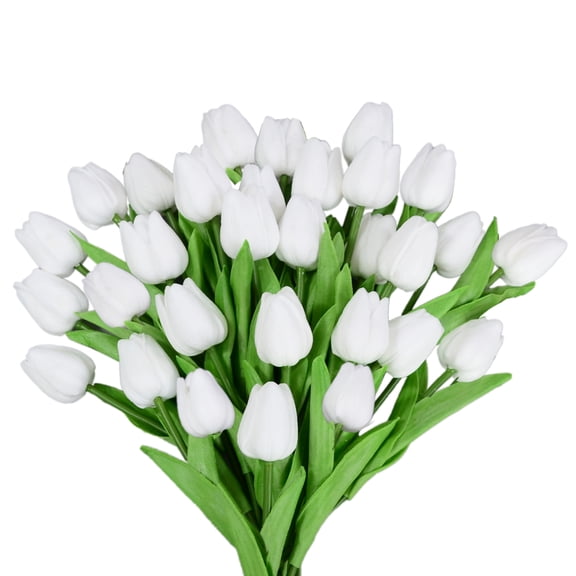 30 Pcs FakeTulips,Tulips,Artificial Flowers,Faux Tulip Stems,Real Touch Tulips for Wedding Party/Easter/Home Decoration/Gift(White)