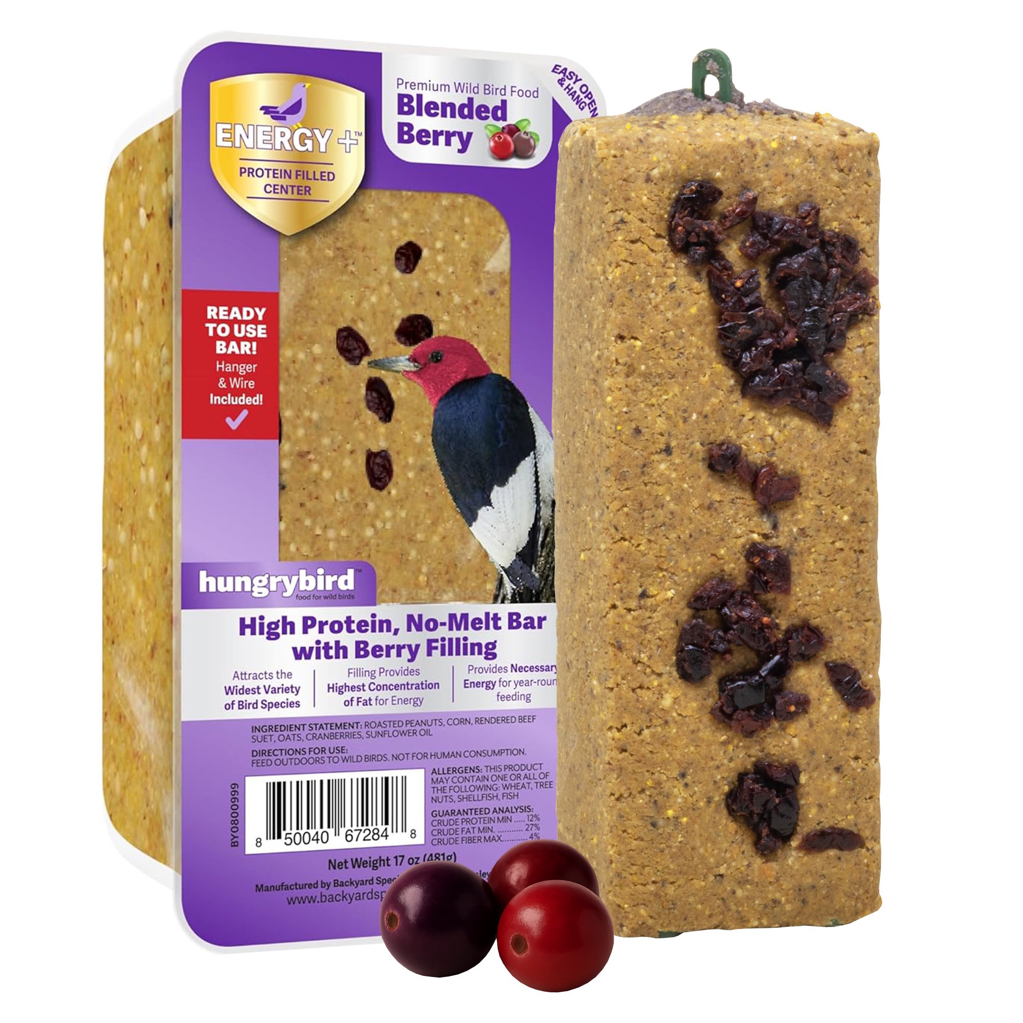 Hungrybird Energy+ High-Protein Suet Bar with Blended Berry Filling for Outside Wild Birds
