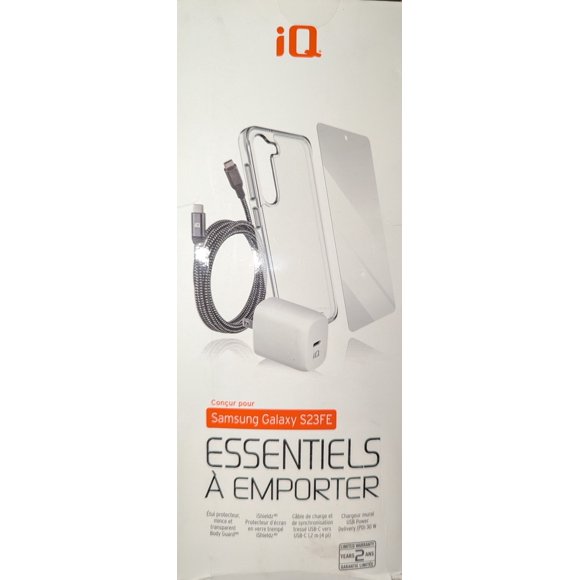iQ Kit Essentiel pour Samsung Galaxy S23FE Ensemble d'Accessoires Premium avec Protecteur d'Écran iSHIELDZ, Étui Transparent Slim, Pad de Charge Sans Fil Compatible MagSafe, et Chargeur Mural 30W PD