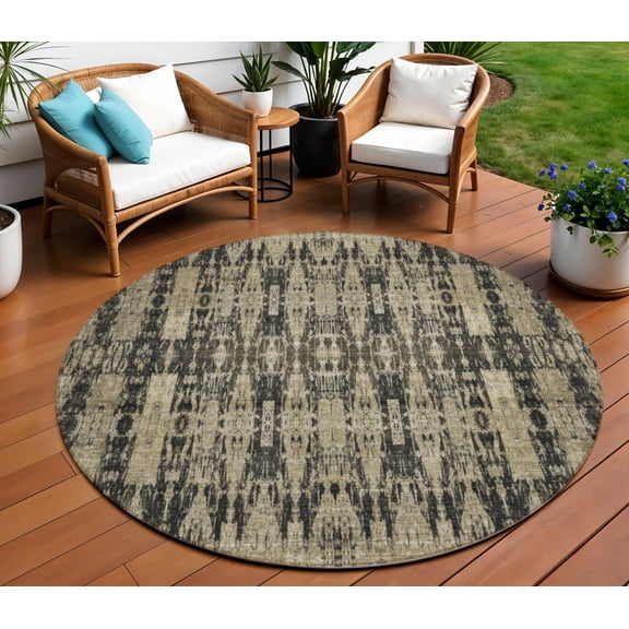 8' Black Taupe And Beige Round Moroccan Washable Indoor Outdoor Area Rug