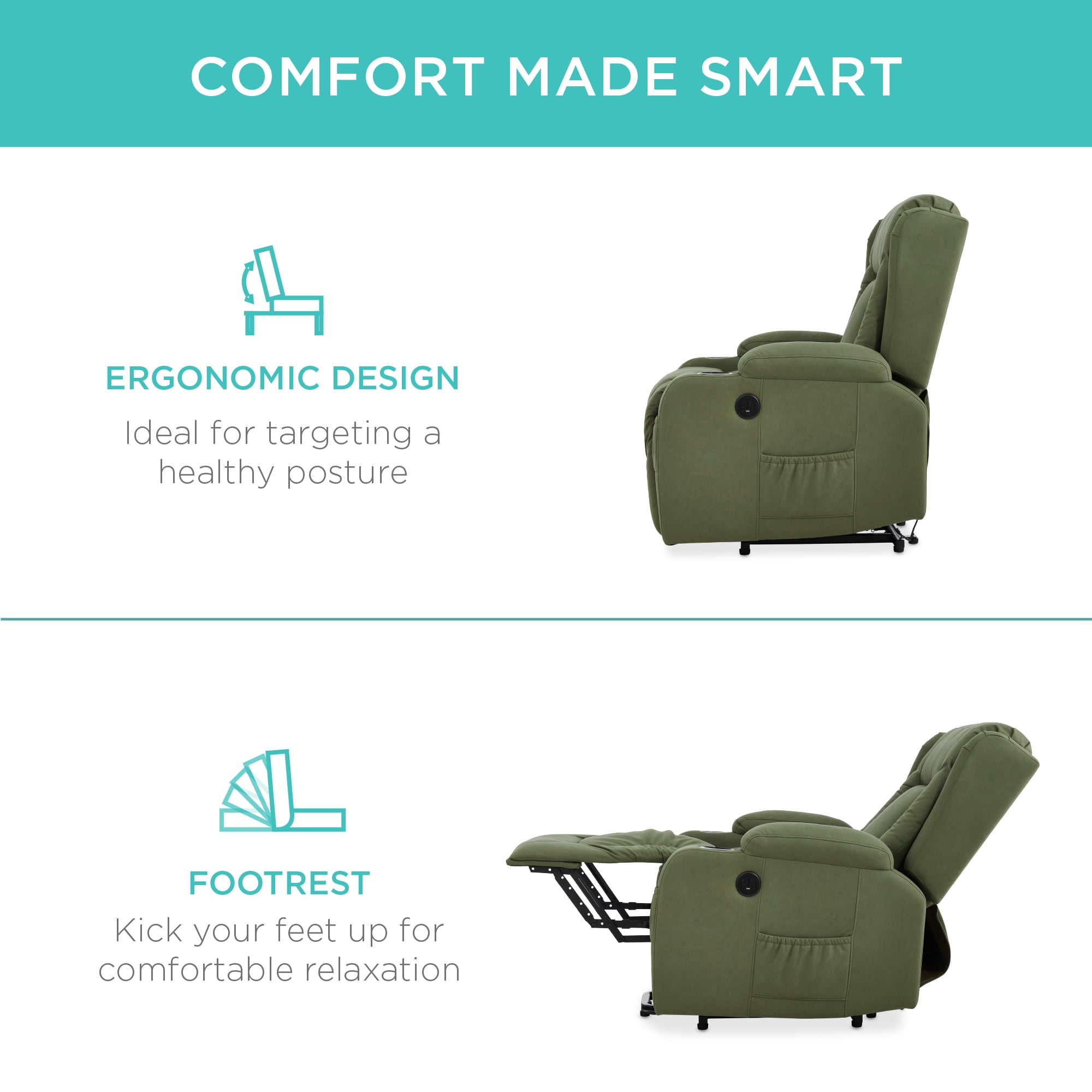 Best Choice Products Electric Power Lift Recliner Massage Chair Furniture w/ USB Port, Heat, Cupholders - Olive