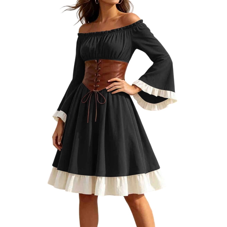 black leather dress halloween costume Ukhccc for Women Off-Shoulder Corset with Ruffles Faux Waist Cincher A-Line Silhouette S-3xl, Women's, Size: Large U26W