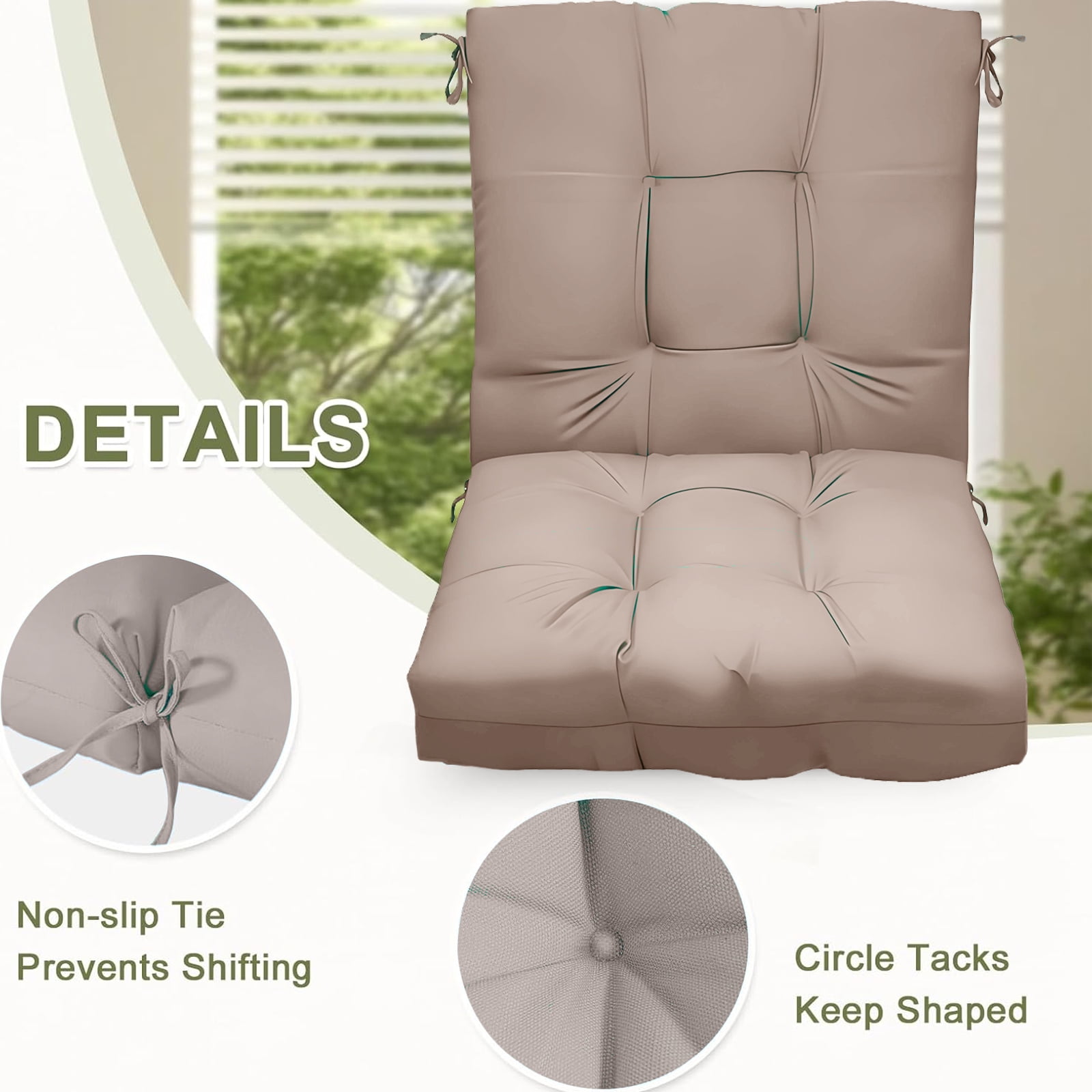 Outdoor High Back Chair Cushions Set of 2, 42"x21"x4" Tufted Waterproof Patio Cushion for Rocking & Dining Chairs, Soft Seat Pad with Ties, Fade-Resistant Indoor Outdoor Use