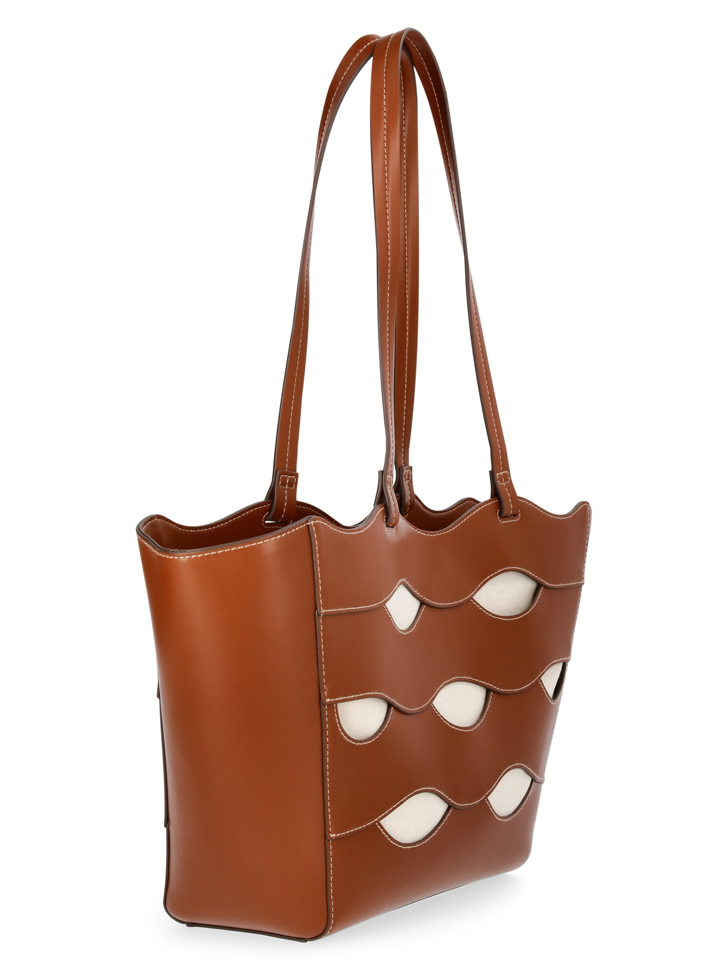 Free Assembly Women's Allegra Faux Leather Cut Out Tote Handbag, Cognac/Cream