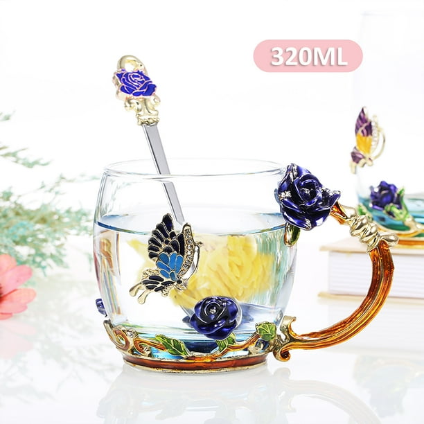 Machinehome Water Mug Glass Flower Coffee Cup Decoration Gift Milk Tea Cup With Spoon Blue Rose 3ml Walmart Com Walmart Com