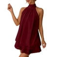 thumbnail image 4 of NinXxx Women‘s Halter Backless Chiffon Mini Dress Layered Ruffle Hem Wine L, 4 of 8