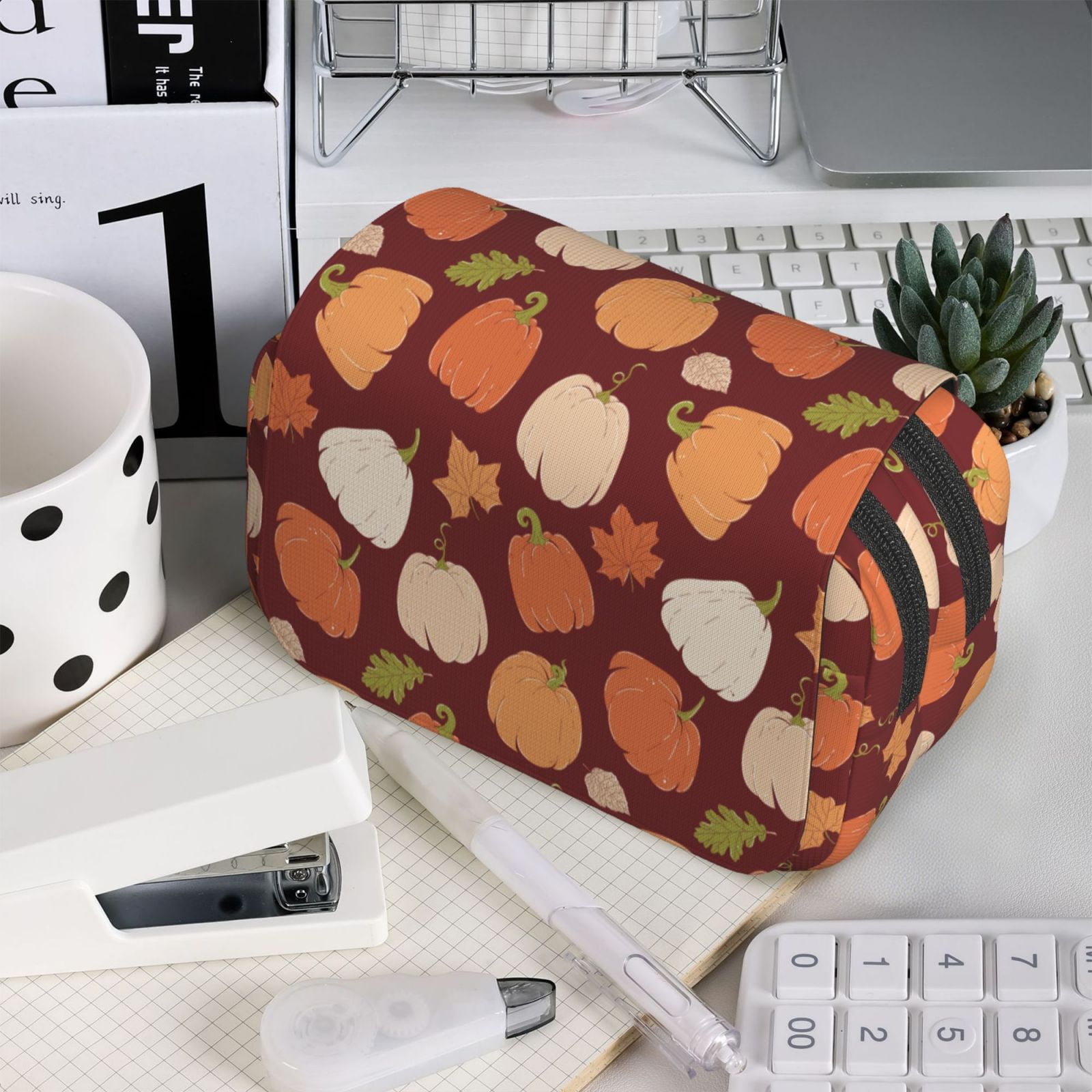 Rateoe Happy Thanksgiving Day Pattern Double Clamshell Pen Case, Storage Organizer with Two Zipper Compartments– Holds Up to 50 Pencils & Pens
