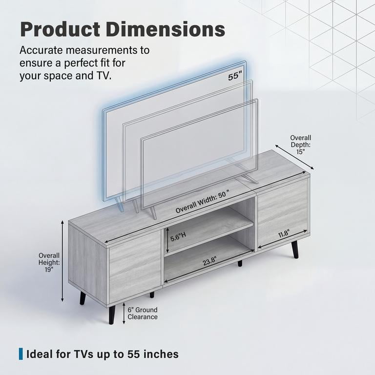 Vineego TV Stand for 55 Inch TV with 2 Push-to-Open Doors, Mid-Century Modern Media Console with Open Shelves, Entertainment Center for Living Room Bedroom, Gray