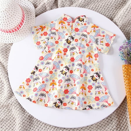 

nsendm Kids Toddler Baby Girls Cartoon Print Patchwork Cheongsam Princess Dress Outfits Baby Dress Dress White 2-3 Years