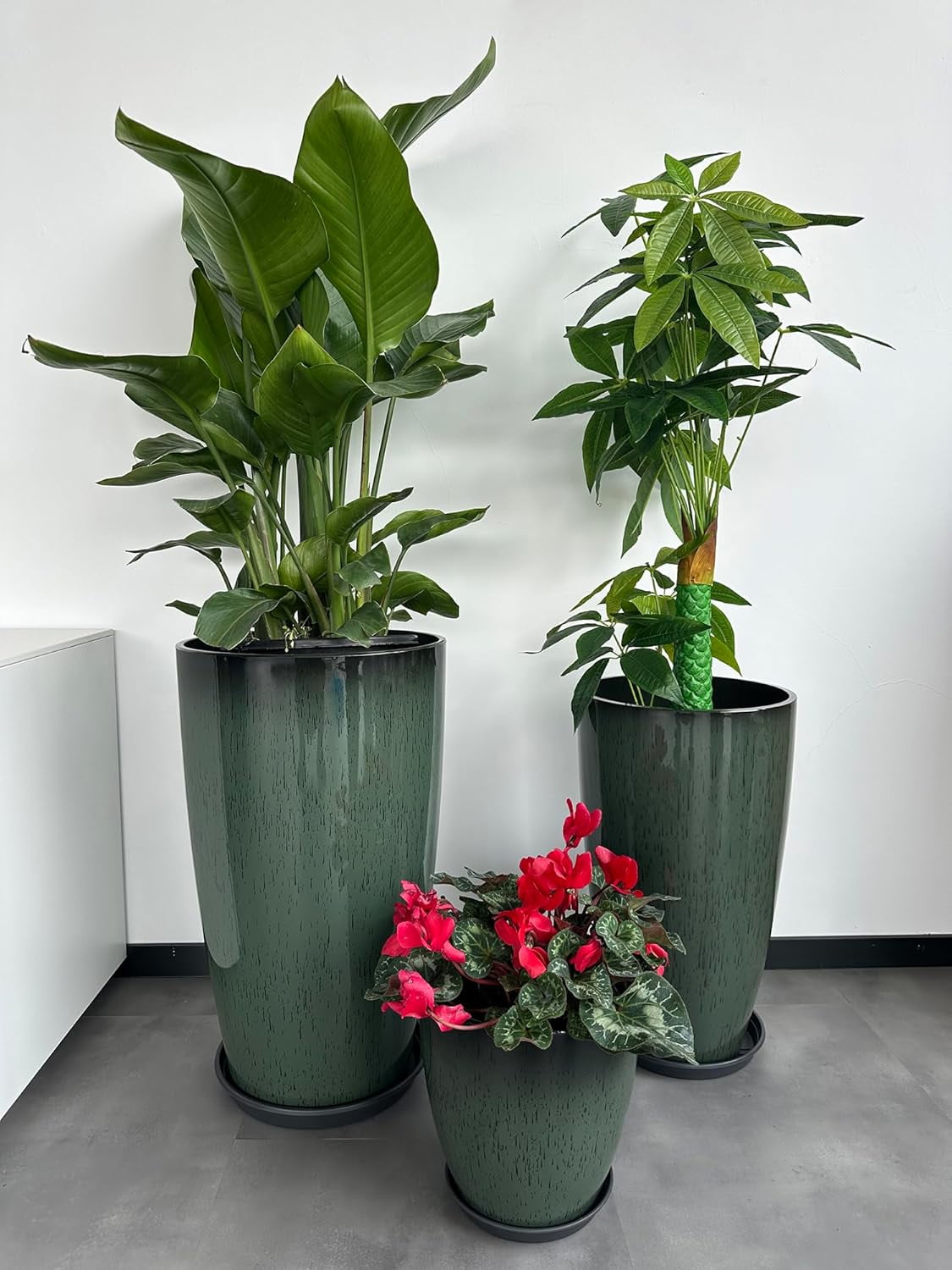 24,21,11 Inch Large Plastic Planters with Drainage Hole and Saucer - Set of 3 Tall Plant Pots Indoor Flower Pot Tall Round Planters Outdoor Large Tall Planter