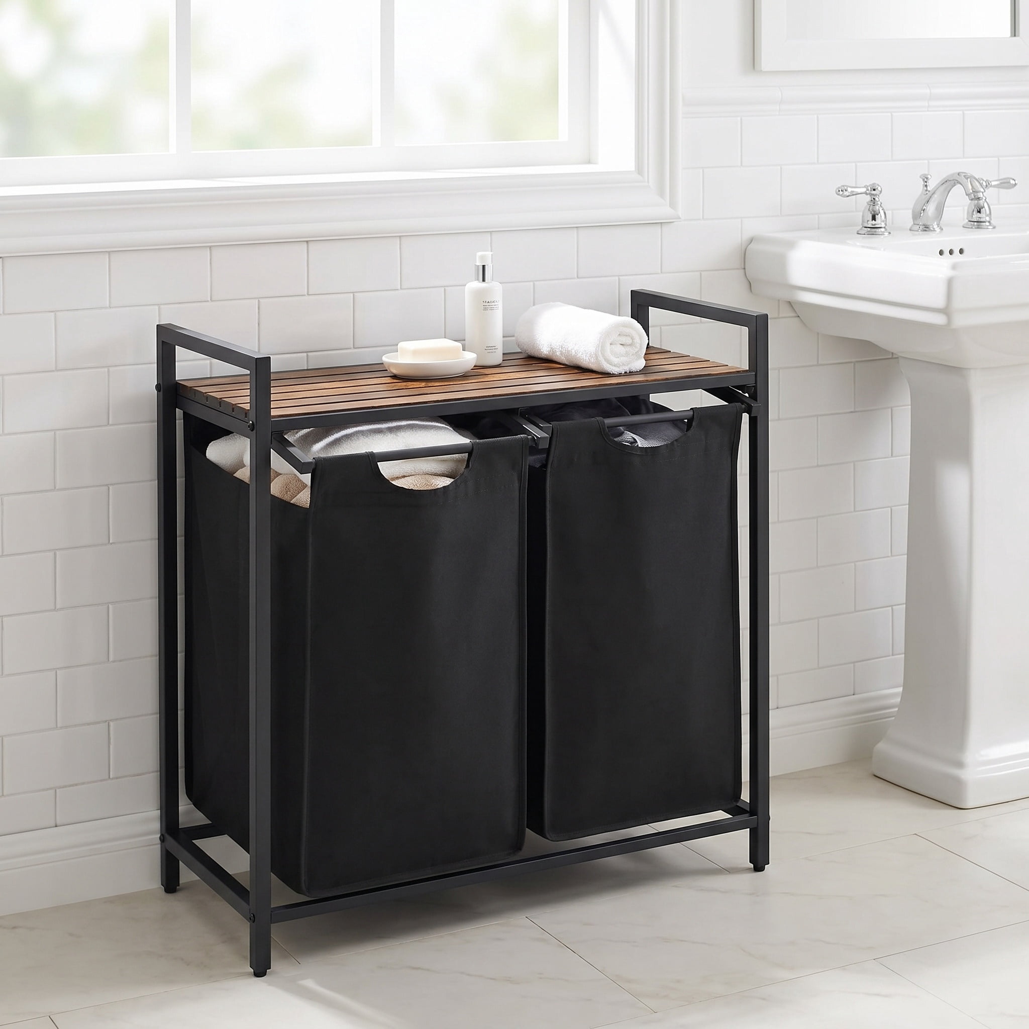 Nordic Hygge 2-Bag Laundry Sorter with Storage Shelf, Ink Black & Rustic Brown