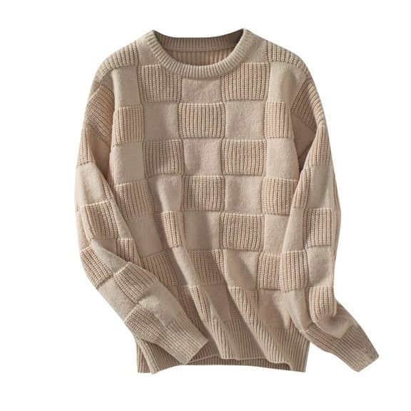 Womens Long Sleeve Crew Neck Sweater Plaid Oversized Pullover Knitted Sweatshirt Fall Casual Oversized Top (Beige S)