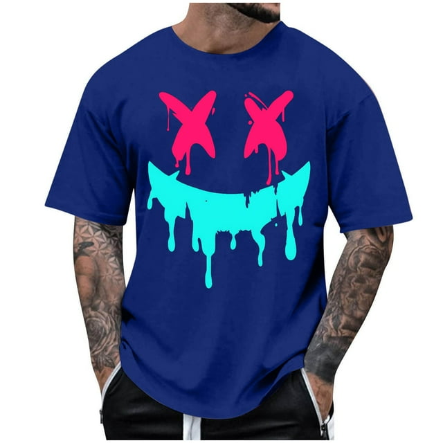 Men's Crew Neck T-Shirts Fast-Dry Printed Polyester, 3D Cut Round Neck Athletic Top for Gym, Running, Cycling & Casual