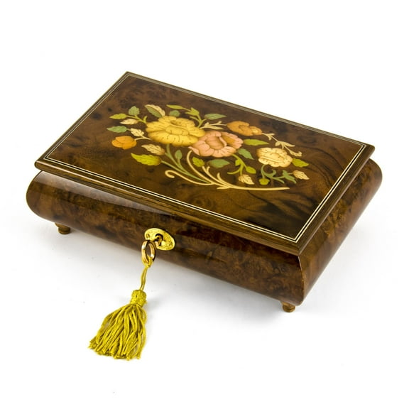 Handcrafted 30 Note Italian Walnut Floral Inlay Musical Jewelry Box with Lock and Key - Anniversary Song
