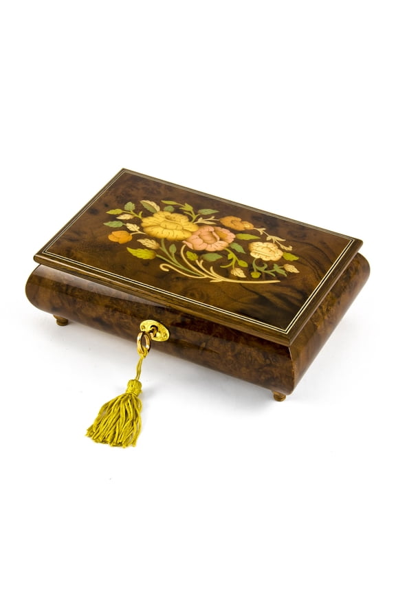 Handcrafted 30 Note Italian Walnut Floral Inlay Musical Jewelry Box with Lock and Key - Beauty and the Beast
