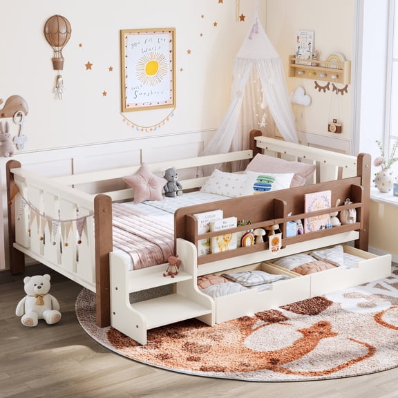 Twin Size Floor Bed with Storage Bookcases and Drawers, Solid Wood Floor Bed with Cute Stairs and Guardrails, No Box Spring Needed, Beige