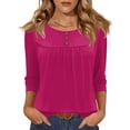 thumbnail image 2 of 3/4 Length Sleeve Womens Tops Loose Fit Trendy Pleated Lightweight T Shirts Casual Button Scoop Neck Tunic Tops Hot Pink S, 2 of 6