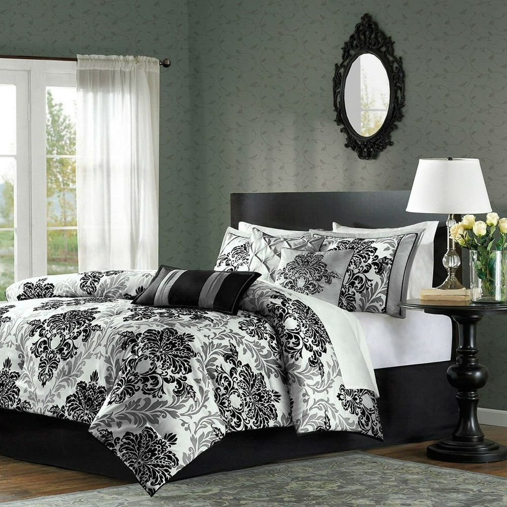 Queen size 7Piece Damask Comforter Set in Black White Grey Walmart