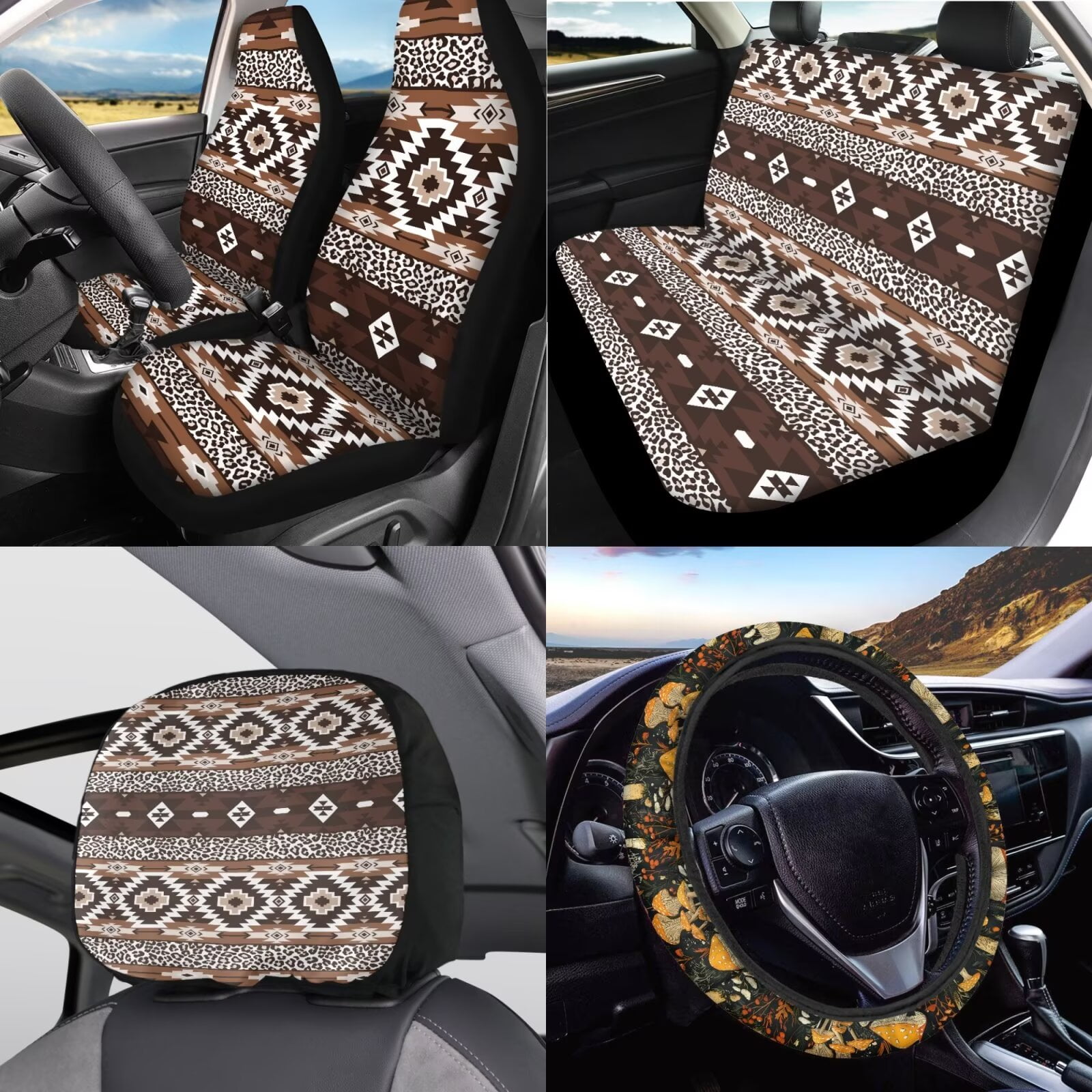 Garronmavis Aztec Style Car Accessories Set for Steering Wheel Wrap Gear Shift Cover Handbrake Sleeve Headrest Protectors Cup Coasters Super Breathable Car Seat Protector Fit for Sedan Van Truck
