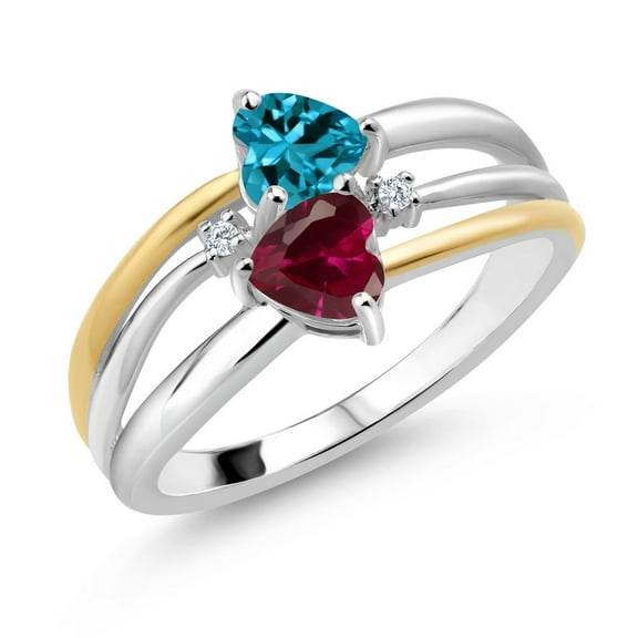 Gem Stone King 925 Silver and 10K Yellow Gold London Blue Topaz and Red Created Ruby and White Lab Grown Diamond Band Ring for Women (1.17 Cttw, Gemstone November Birthstone, Heart Shape 5MM, Size 8)
