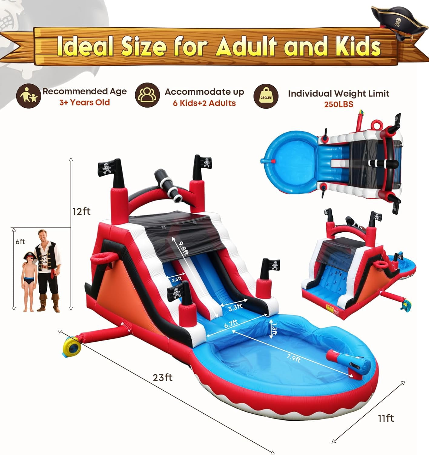 NBSPORT 23ft Heavy-Duty Inflatable Water Slide for Adults & Kids, Commercial PVC with 950W Blower for Outdoor Wet or Dry Fun