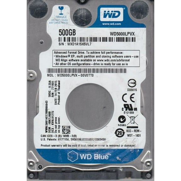 WD5000LPVX-00V0TT0, DCM HBKTJABB, Western Digital 500GB SATA 2.5 Hard Drive