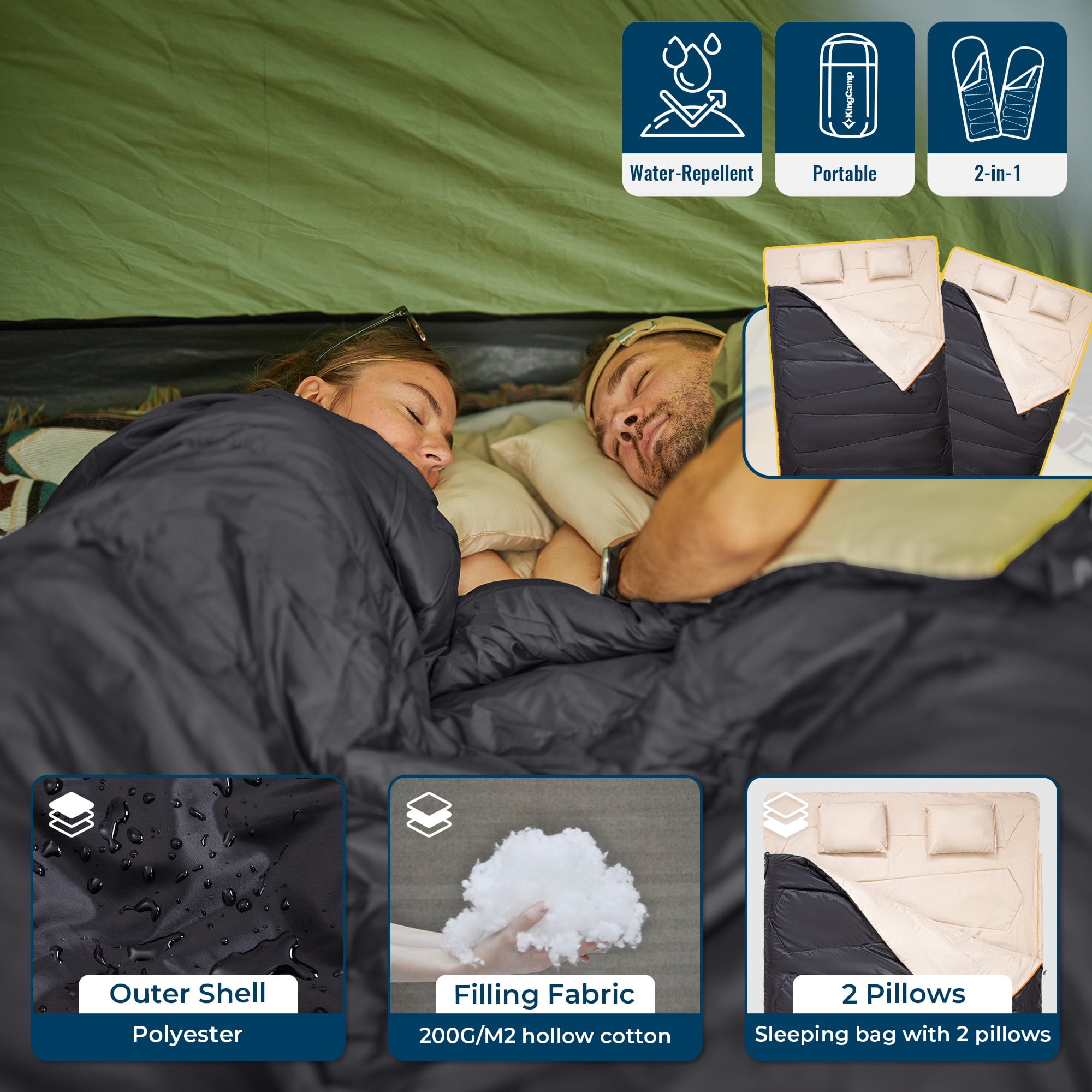 FUNDANGO 2 Person Sleeping Bag with Pillows for Adults Black Double Camping Sleeping Bags 220*150cm, Queen Size Two Person Sleeping Bags with Compression Sack 39.2°F-62.6°F, 6.1lbs, Black