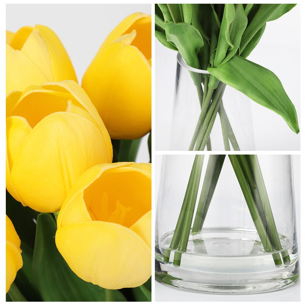 Artificial Yellow Tulips Flowers with Glass Vase, 14" Lifelike Fake Floral Arrangement for Home Office Dining Table Decor, Wedding Centerpiece