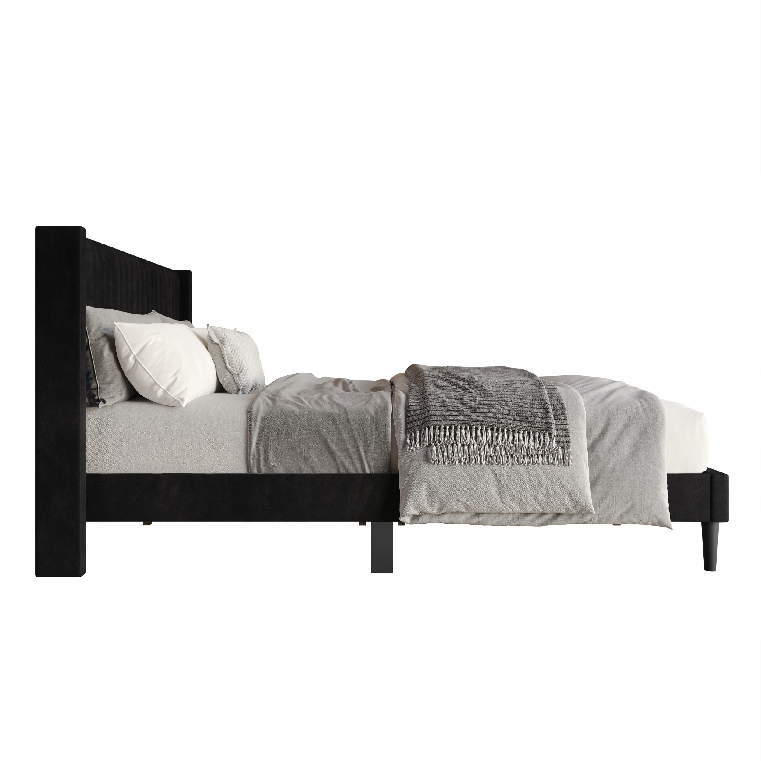 Favorer Montrose Upholstered Wingback Bed, Channel Tufted Headboard, Platform Design