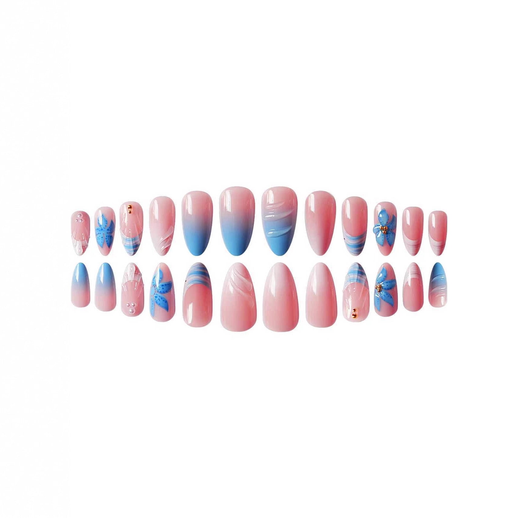 Cross-border hot-selling almond-shaped fake nails, sweet and cool blue, pure desire pearl shell, three-dimensional corrugated design, wearing armor