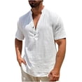 thumbnail image 2 of Men Short Sleeve Cotton Linen Henley T-Shirt Casual Solid Color Button-up V Neck Henley Shirt V Neck Tee Tops Size 3XL White, 2 of 6