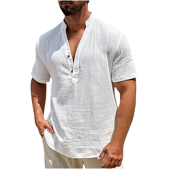 zfhfof Men's Cotton Linen Henley Shirts Casual Button V-Neck Short Sleeve Shirt Summer Beach Hippie T-Shirt