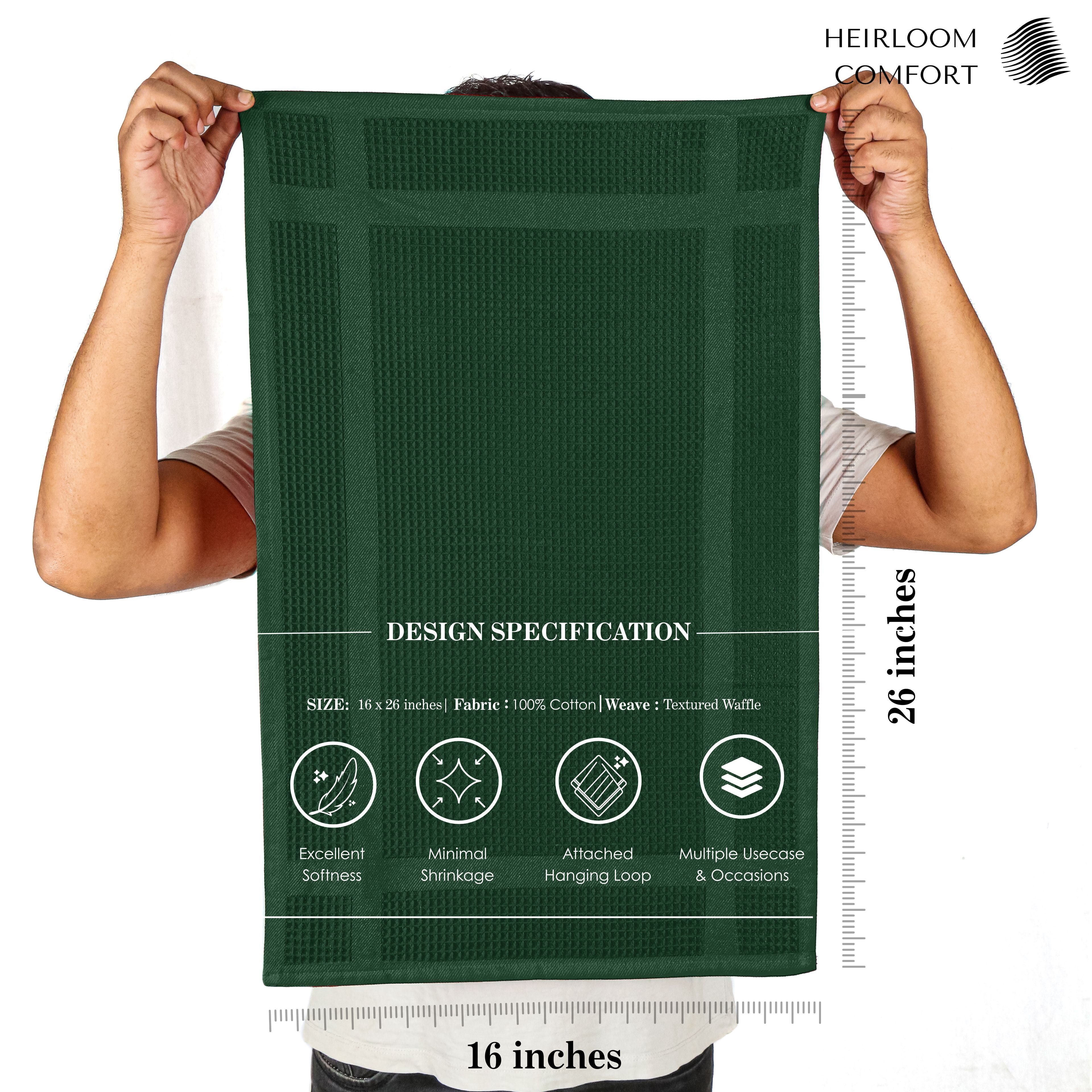 HEIRLOOM COMFORT 3 Pack Waffle Weave Kitchen Towels, 16x26 Inch, 100% Cotton, Absorbent Dishcloth Set, Quick Dry, Soft for Cleaning, Wiping, Hand Towels, Dish Rags, Wash Cloth, Durable, Forest Green
