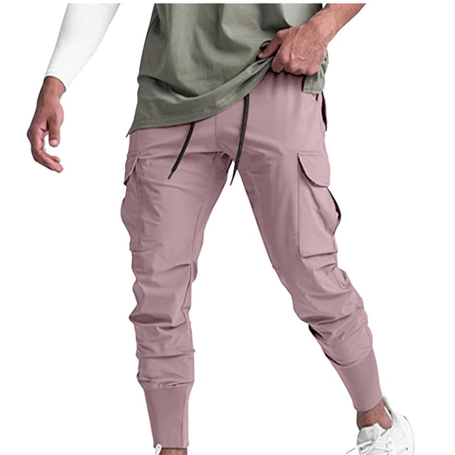 Men's Solid Color Elastic Waist Breathable Casual Sports Pants with Drawstring and Pockets
