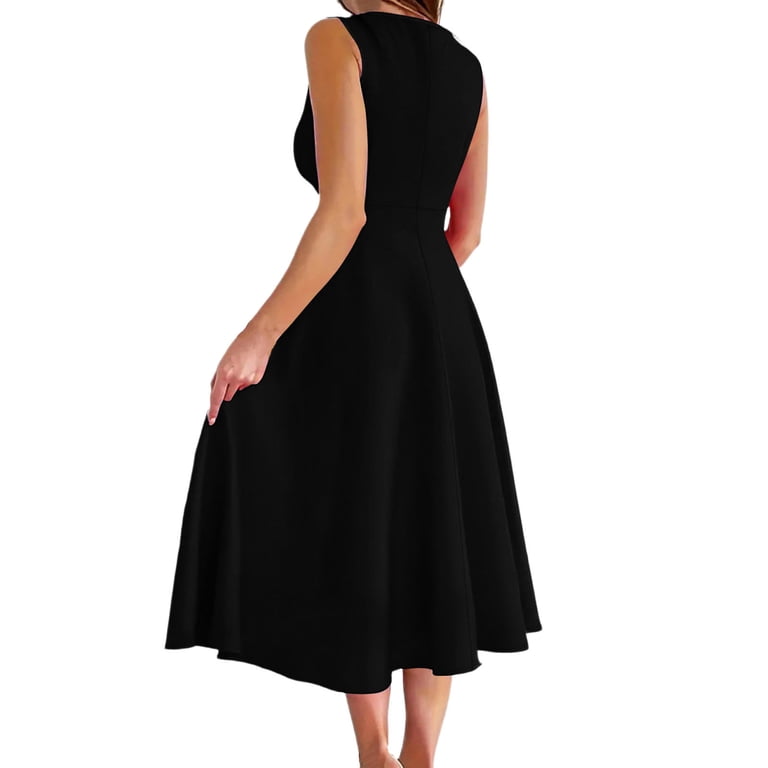 midi fit and flare sleeveless black triangle neck cocktail dress Ruffle Square Neck Sleeveless Midi Dress