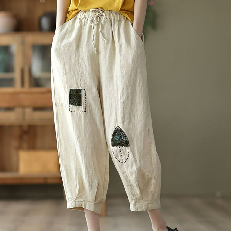 Mrat Womens Loose Fit Pants Full Length Pants Ladies Summer Vintage Cotton  And Hemp Loose Casual Nine Point Pants Workout Pants For Female White XXL 