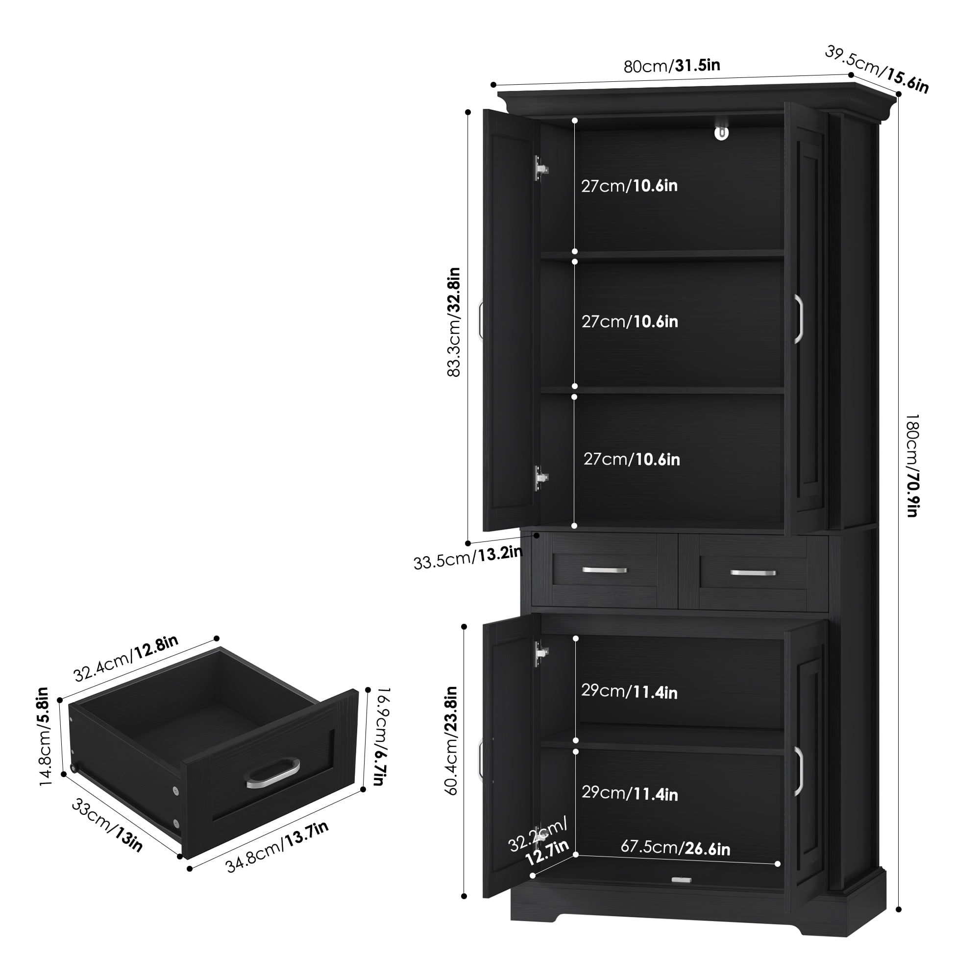 Homfa 70.9'' Tall Kitchen Pantry with 4 Doors, 2 Drawer Modern Freestanding Storage Cabinet for Dining Room Living Room, Black