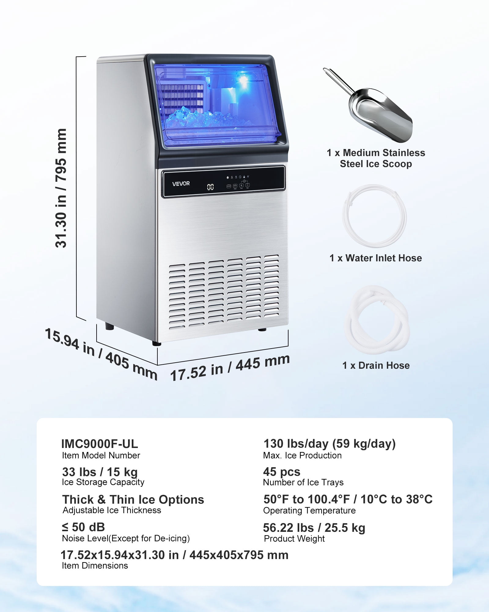 VEVOR Commercial Ice Maker Machine, 130Lbs/24H with 33Lbs Storage, 45 Cubes per Cycle, Stainless Steel Freestanding & Under Counter Ice Maker with LED Display & Self-Cleaning