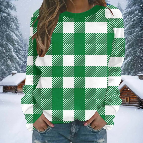 NTACZA Plus Size Tops Women Plaid Crewneck Green Sweatshirts Loose Soft Long Sleeve Shirts Blouses for Women Casual L