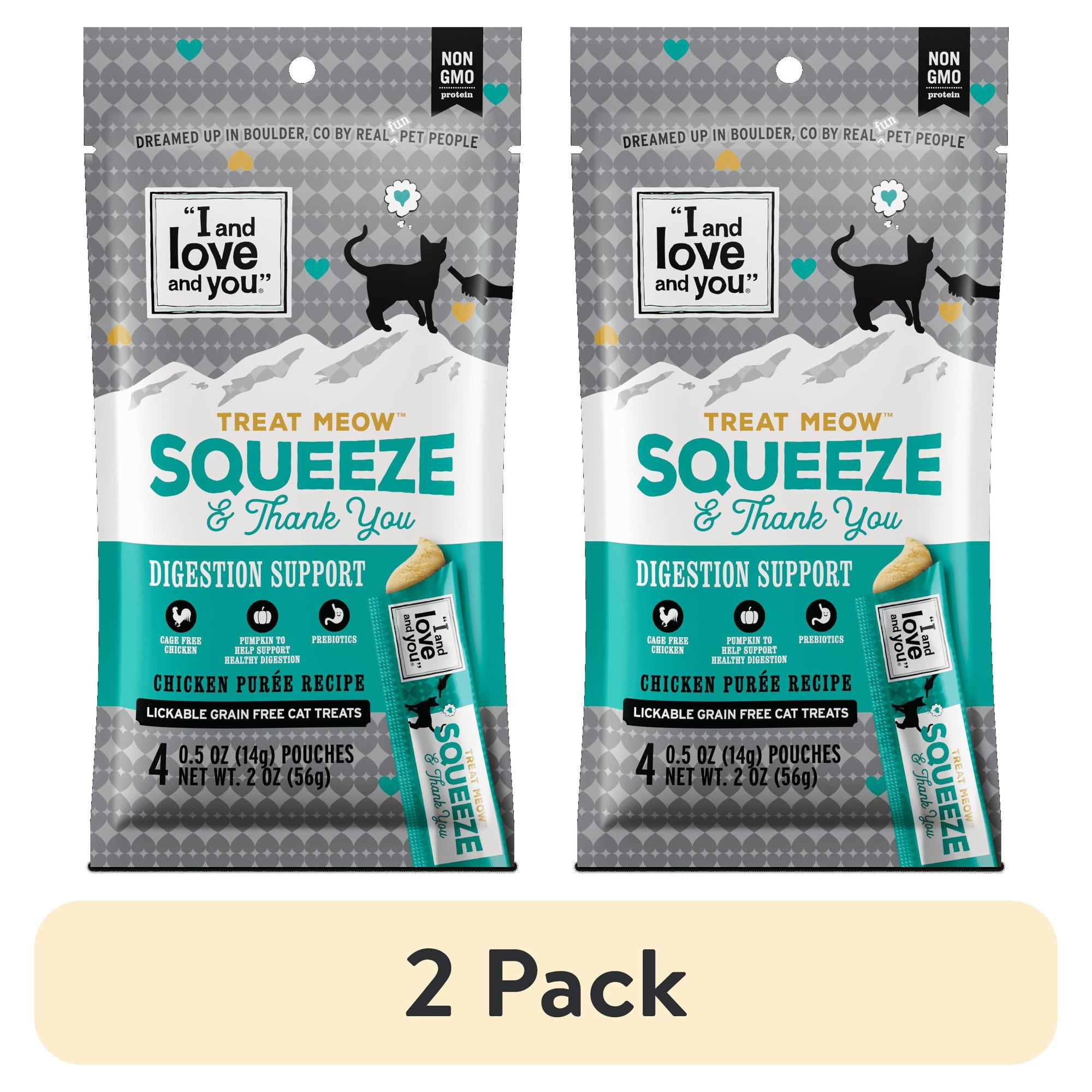 (2 pack) "I and love and you" Treat Meow Squeeze & Thank You Treat, Digestion Support Chicken Purée, 4 Ct.