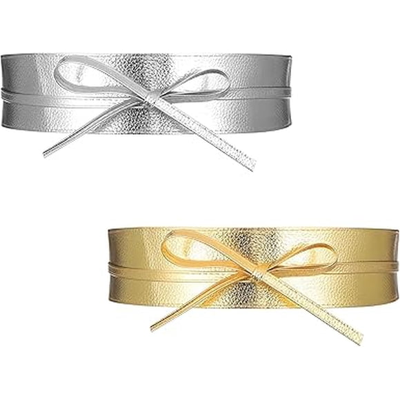 Gold and Silver Corset Belt, 2 PCS Faux Leather Wrap Belts, Wide Gold Belts for Women, Easy to Clean, Fashion Bowknot Wrap Around Obi Belt for Dress