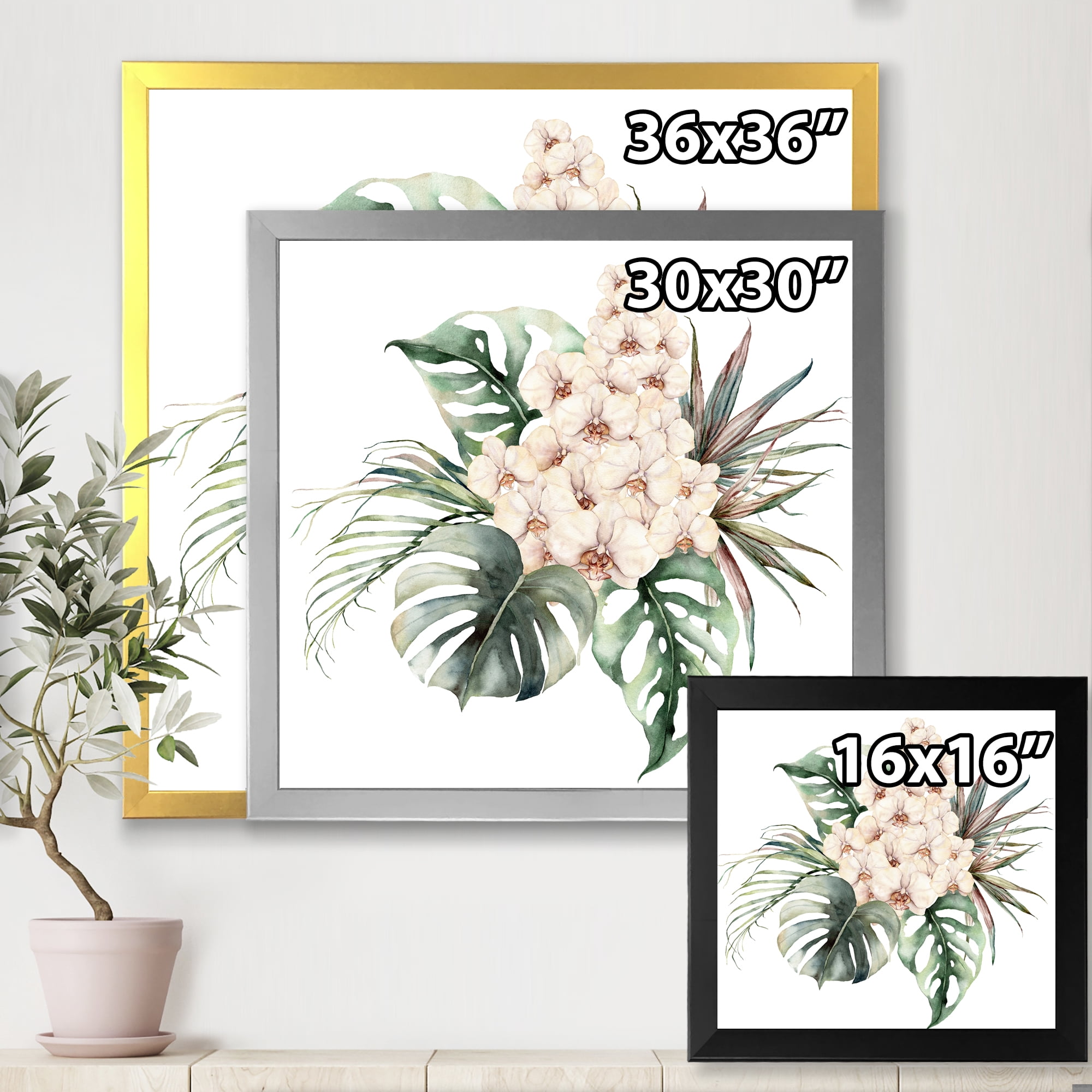 Designart 'Bouquet With Orchids Coconut Leaves and Monstera ' Traditional Framed Art Print